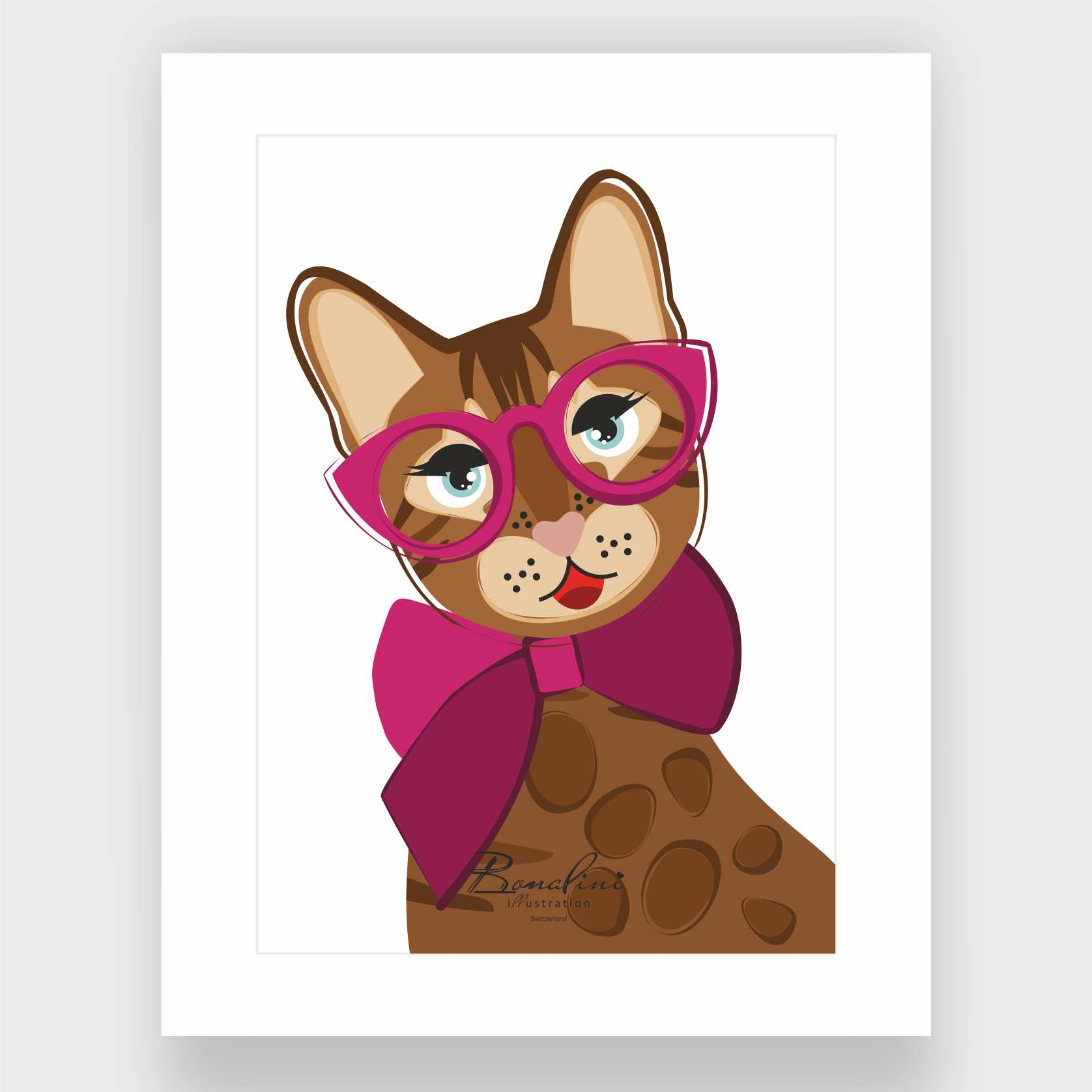 Nicole The Cat poster — confident spotted cat wearing pink glasses and magenta bow tie, blue eyes and bold expression, nursery wall art for children's room, Swiss quality art print on Hahnemühle cotton, ice white Passepartout, Meow Perfection collection