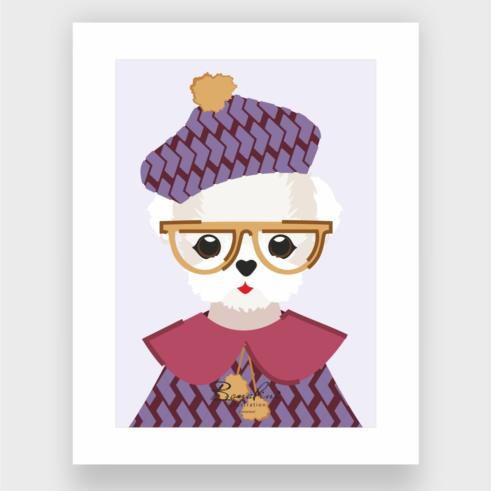 Monty Maltese poster with elegant white Passepartout — fluffy white Maltese dog wearing purple knit hat with golden pom-pom, tortoise-shell glasses and purple burgundy zigzag sweater, nursery wall art for children's room, Swiss quality art print on Hahnemühle cotton