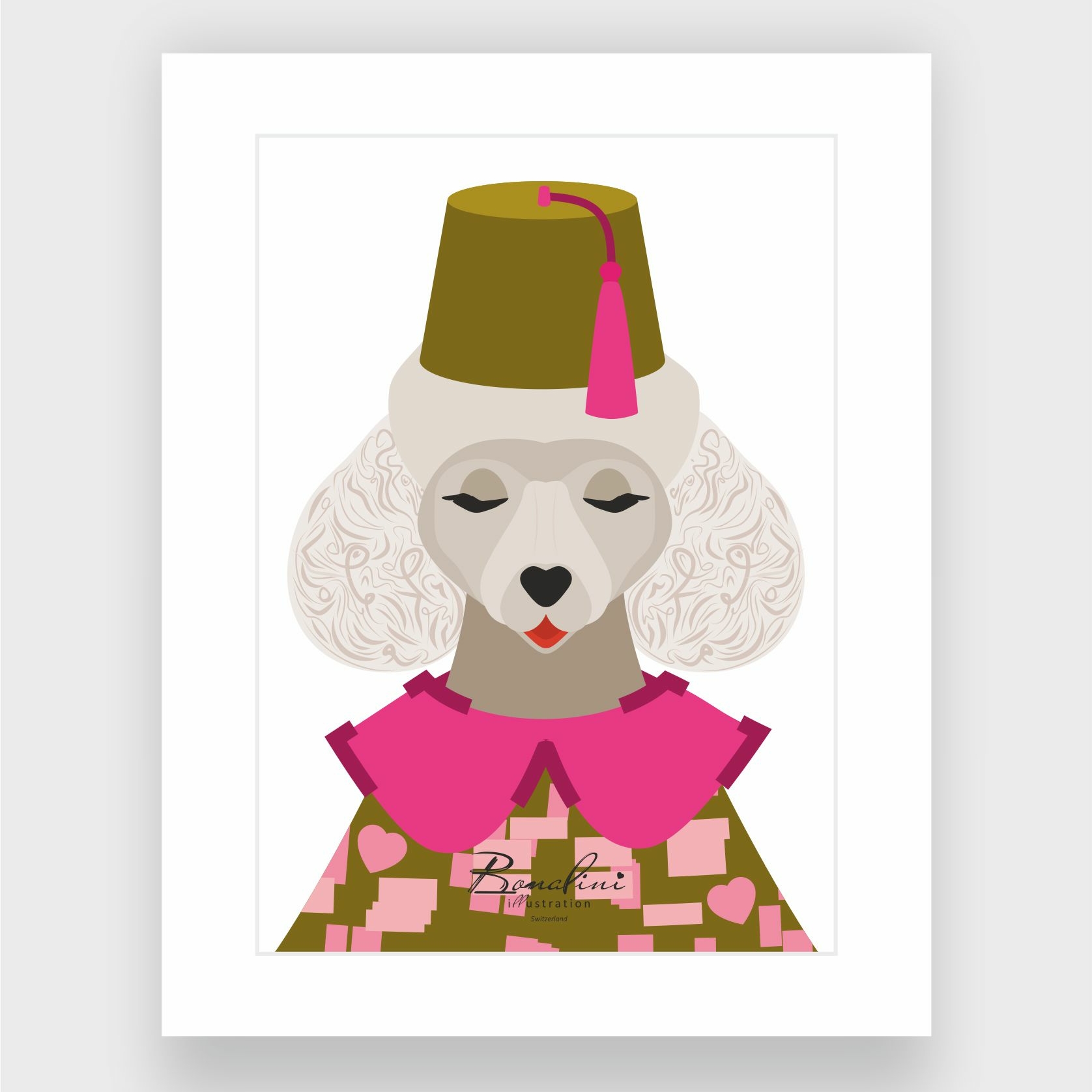 Keep Calm and Be Fashion art print with white passepartout - fashionable poodle with green fez hat poster for nursery wall decor, kids room art Switzerland