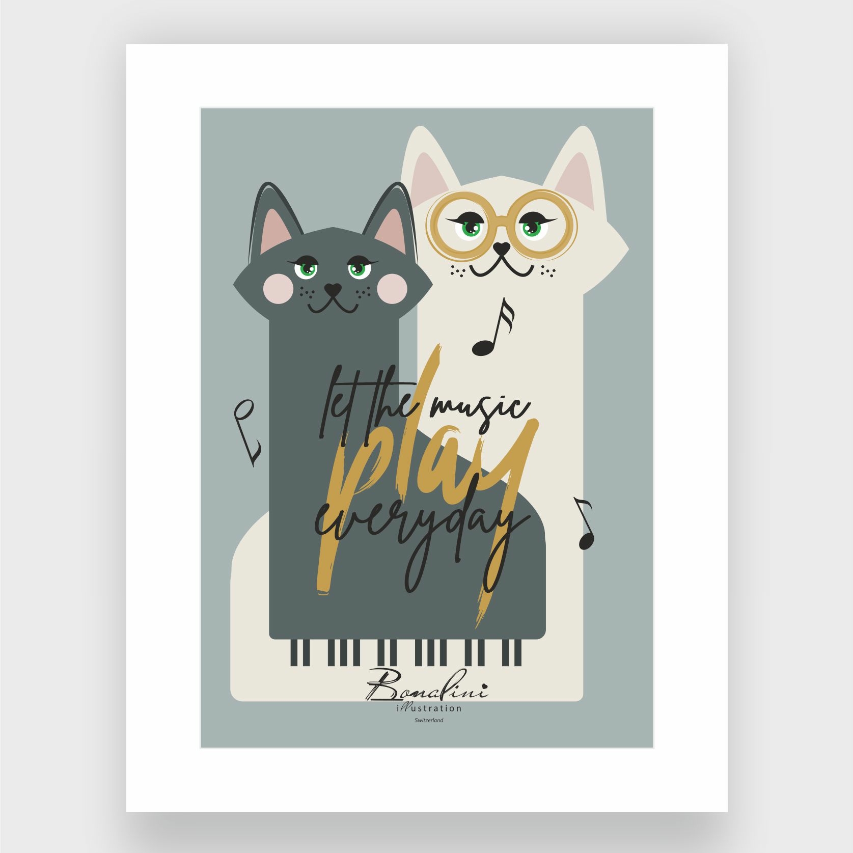 Let The Music PLAY Everyday art print, two cats with piano keys and musical notes, gray and white cat with glasses, music-themed wall art for children's bedroom or music room by Bonalini Switzerland