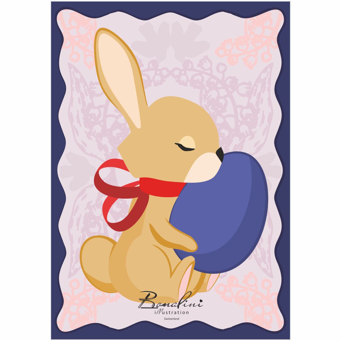 Easter Bunny poster — peaceful bunny with closed eyes hugging blue Easter egg, red ribbon around neck, lilies of the valley lace pattern background, navy blue wavy border, nursery wall art for children's room, Swiss quality art print on Hahnemühle cotton