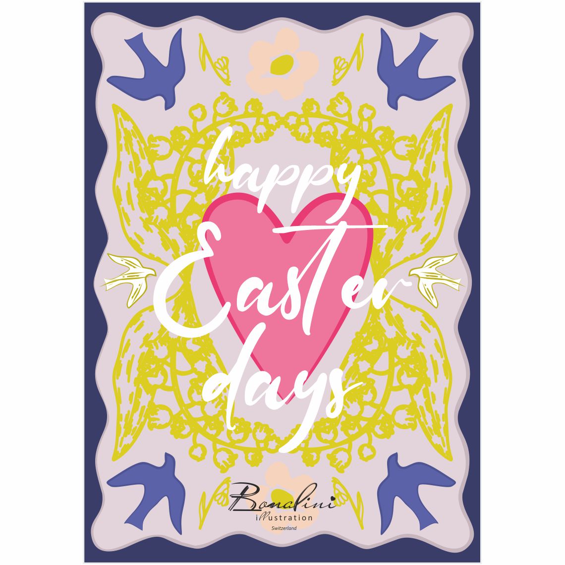 Happy Easter Days poster — pink heart with wings surrounded by yellow lace patterns and four blue swallows, white Happy Easter Days script text on navy blue wavy border background, nursery wall art for children's room, Swiss quality art print on Hahnemühle cotton
