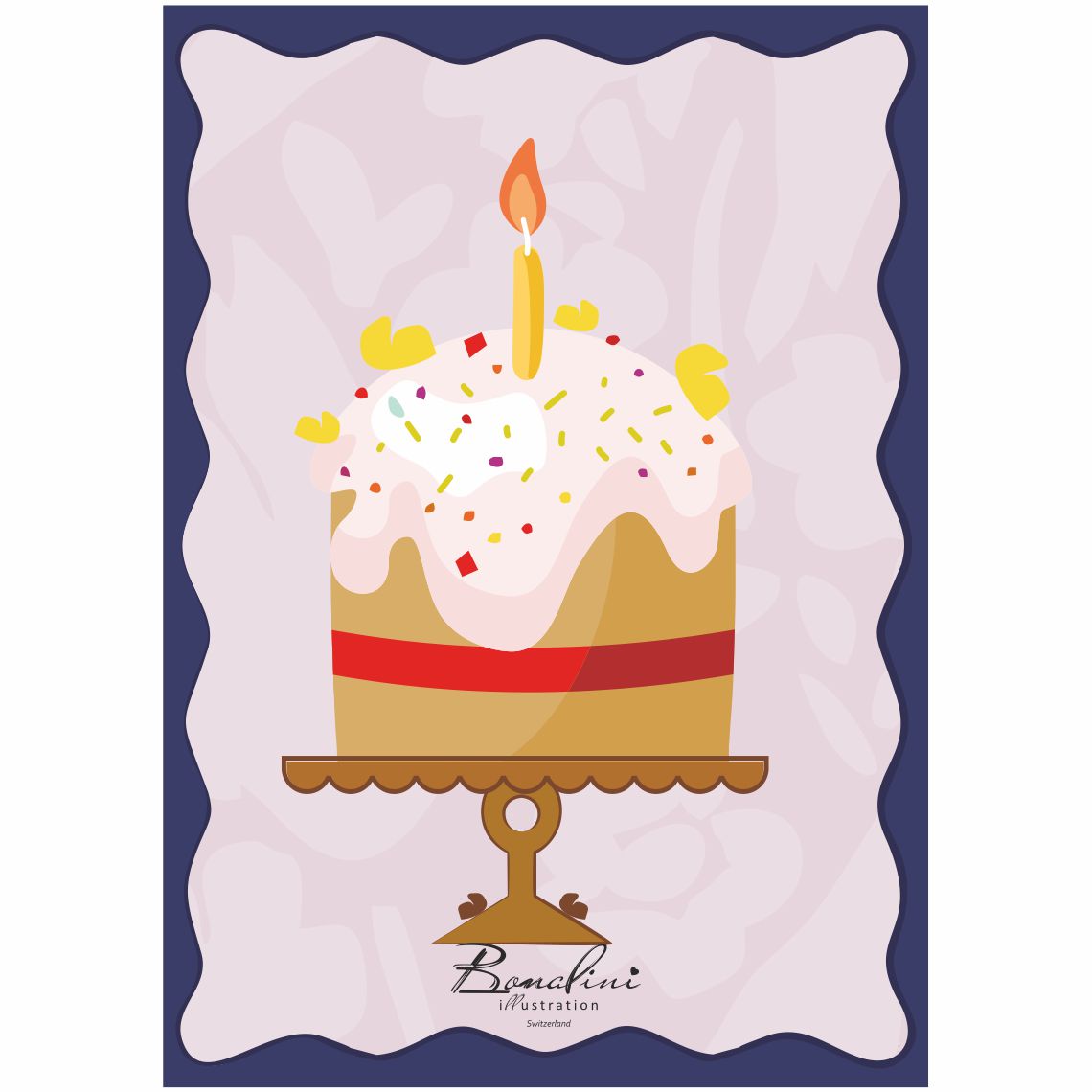 Colomba celebration cake poster — golden cake with white frosting, single lit candle on top, colorful sprinkles and red ribbon around middle, golden cake stand, navy blue wavy border background, nursery wall art for children's room, Swiss quality art print on Hahnemühle cotton