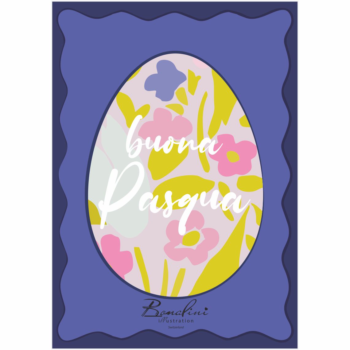 Buona Pasqua Easter Egg poster — floral Easter egg with pink yellow lavender flowers and white Italian Buona Pasqua greeting text on purple background with wavy decorative border, nursery wall art for children's room, Swiss quality art print on Hahnemühle cotton