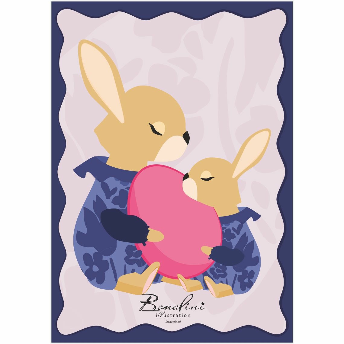 Easter Bunnies poster — parent and baby bunny holding pink Easter egg together, wearing blue floral patterned clothing, decorative border frame, nursery wall art for children's room, Swiss quality art print on Hahnemühle cotton, Easter spring themed design