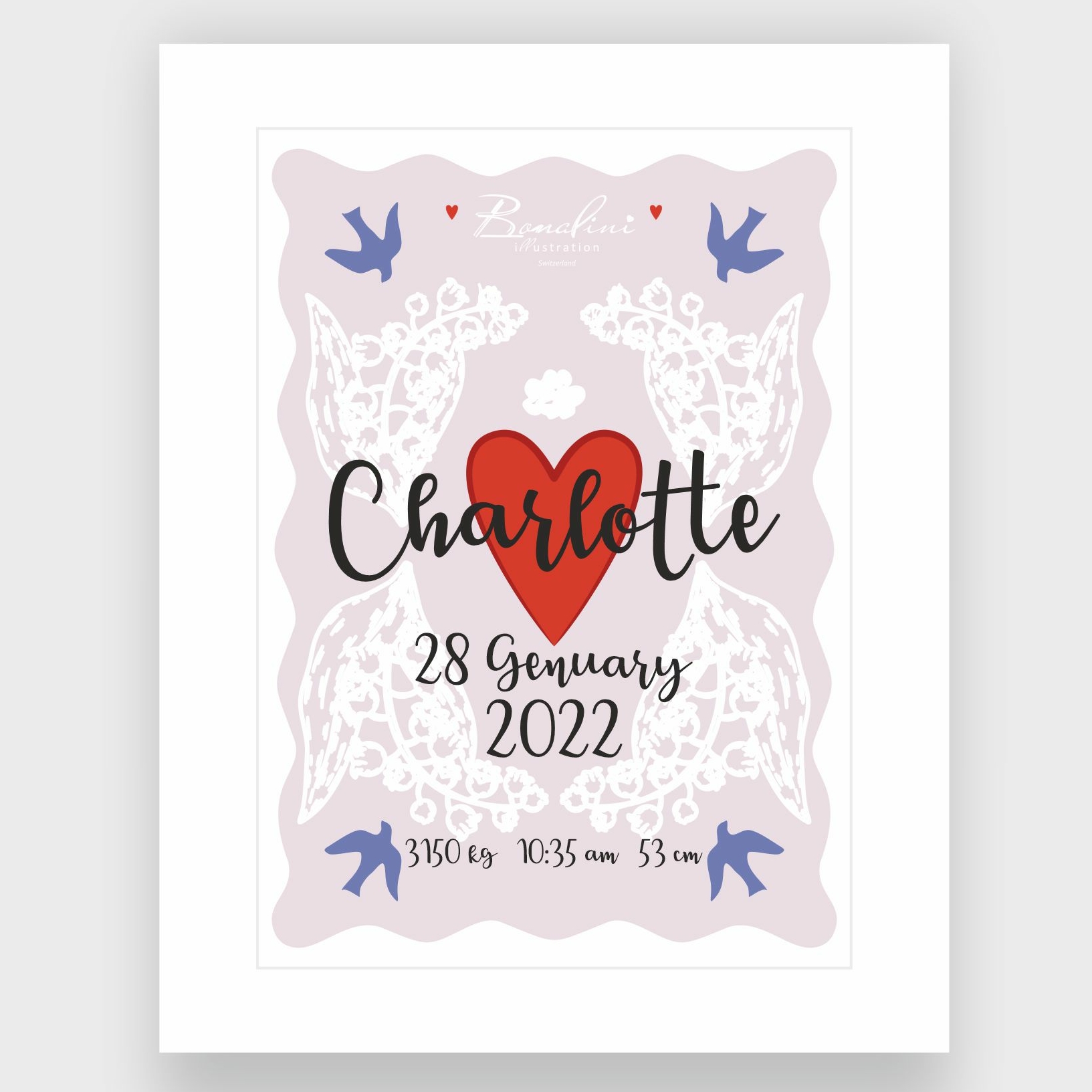 Personalised birth announcement poster with custom name, red heart, white lace angel wings and blue swallows, lavender nursery art print with birth statistics, customizable keepsake by Bonalini Switzerland