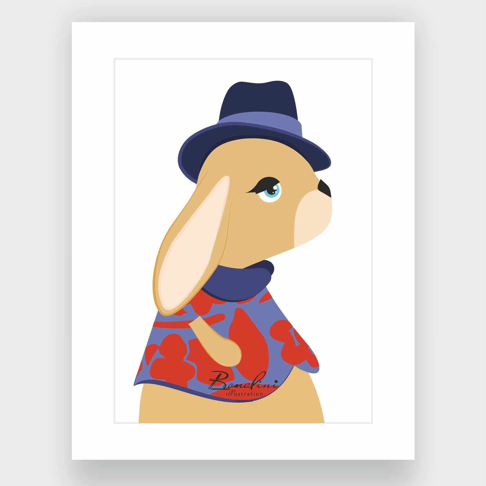 Papa The Bunny art print, elegant bunny with navy blue hat and red patterned clothing, stylish rabbit wall art for children's bedroom nursery decor by Bonalini Switzerland