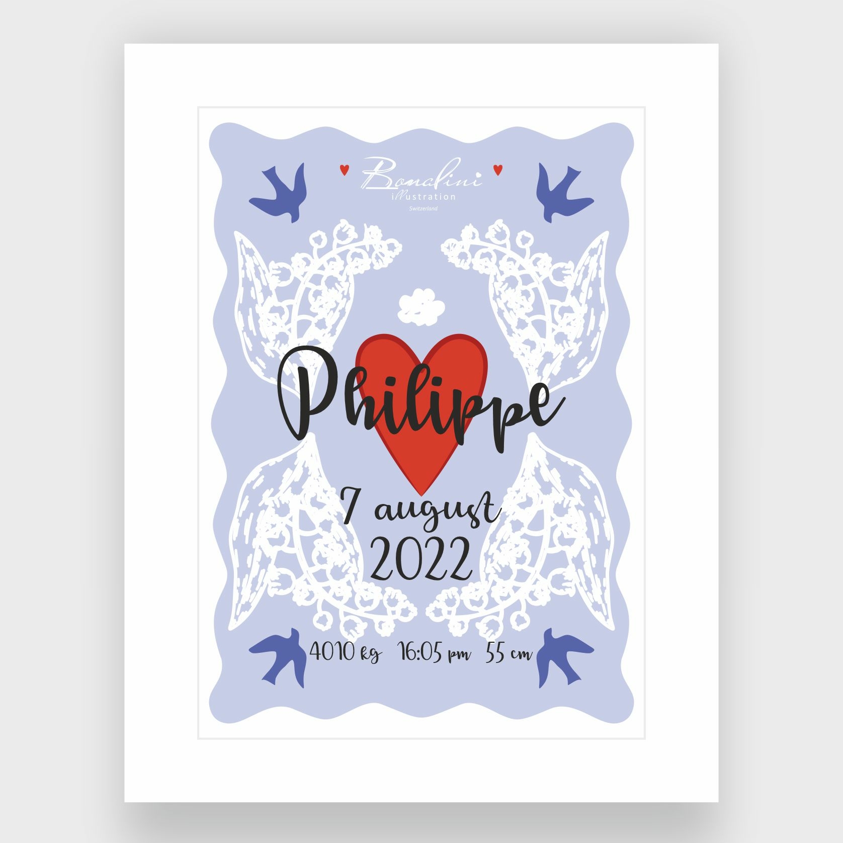 Personalised birth announcement poster with custom name, red heart, white lace angel wings and blue swallows, lavender nursery art print with birth statistics (weight, time, length), customizable keepsake by Bonalini Switzerland