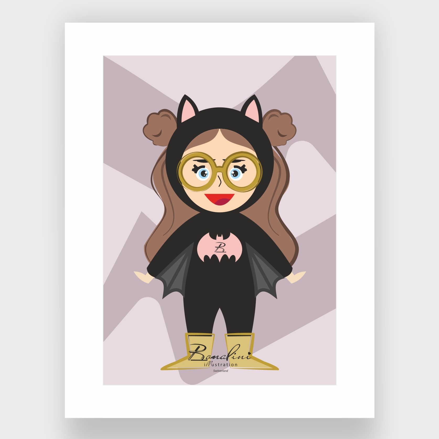 Bella The Little Bat girl in bat costume with gold glasses and wings poster