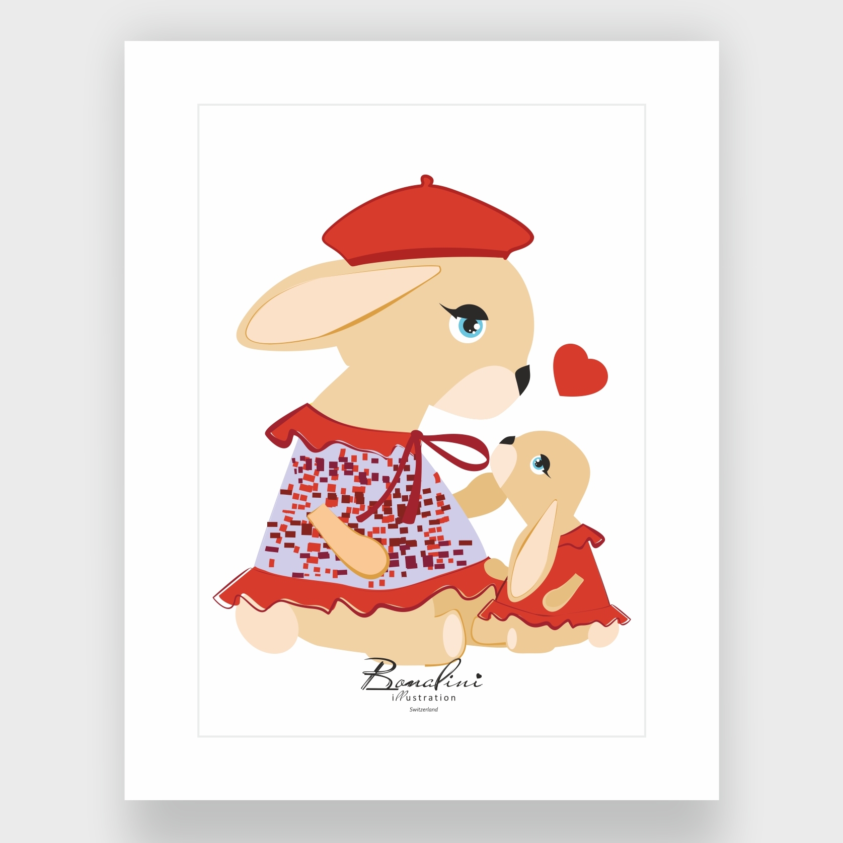 Lola and Lulu bunny mother daughter poster matching red dresses nursery art