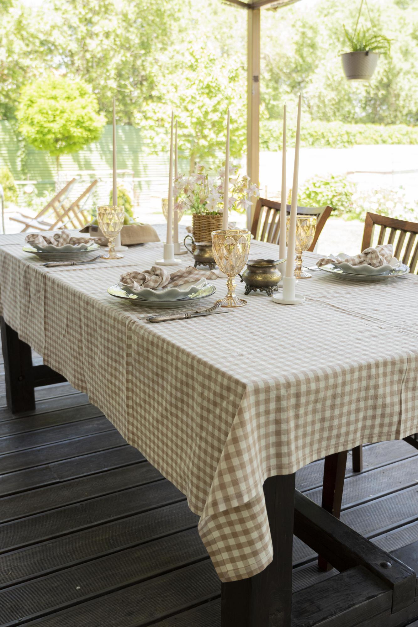 Скатерть хлопковая, бежевая клетка