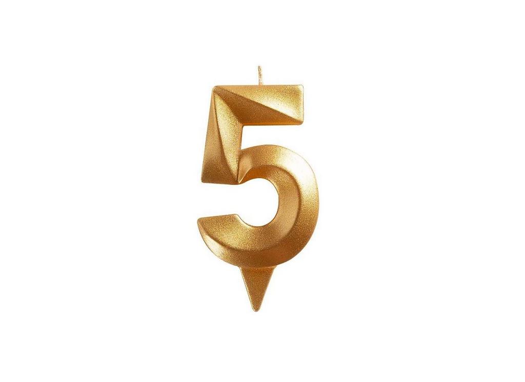 Свеча для торта "Грань" золотой металлик, цифра 5, 7,8 см