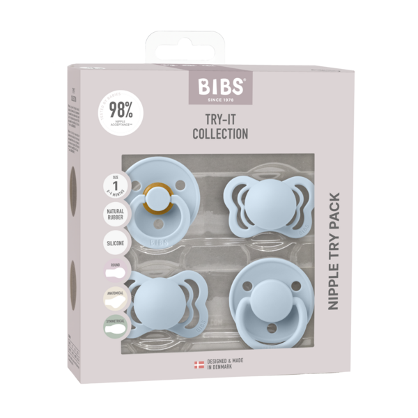 BIBS – Pachet Starter cu 4 suzete, silicon/latex – Baby Blue (forme diferite de tetine) 0-6 luni