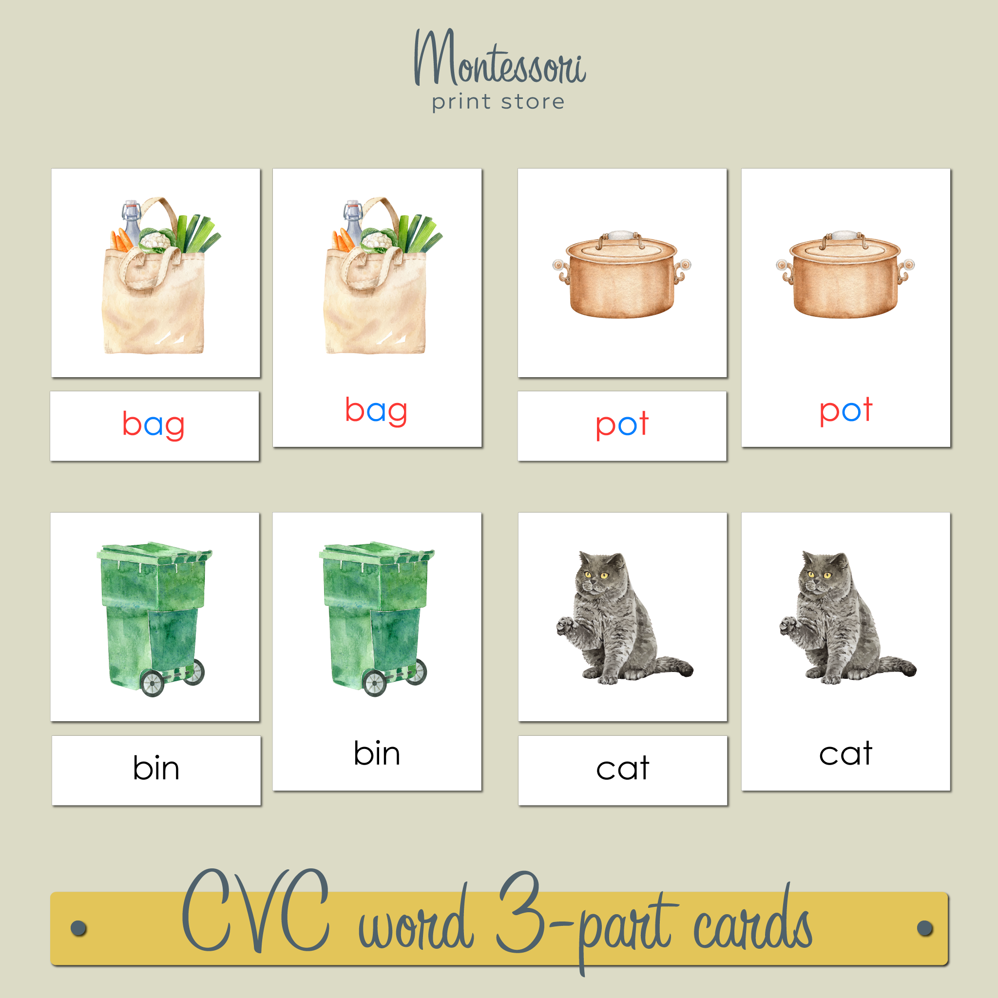 MONTESSORI PINK SERIES - CVC WORD 3-PART CARDS (PRINT)