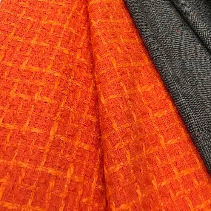 Твид хлопок с вискозой апельсиновый в клетку