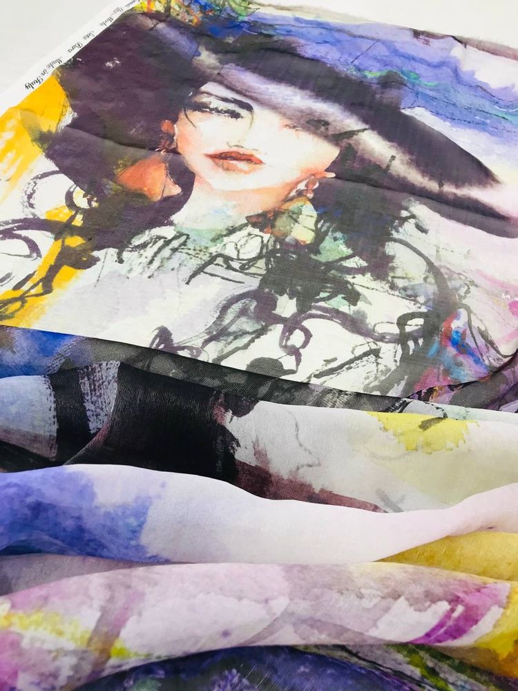 Шелковый шифон с мононитью multicolor поп-арт в холодных тонах