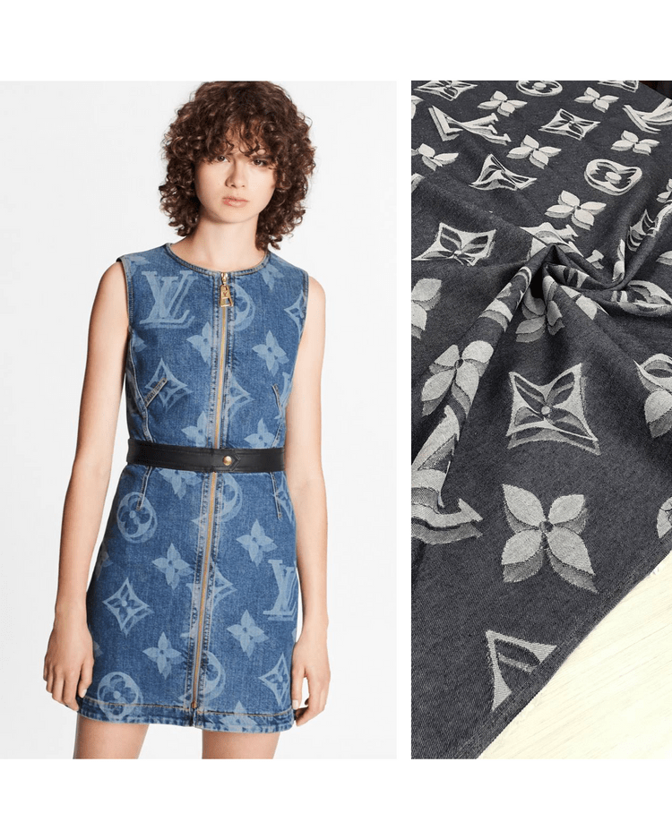 Хлопковый двухсторонний деним LV темно-синий/светло-серого цвета с жаккардовым плетением лого