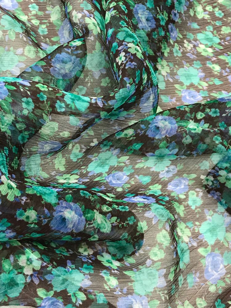 Крэш-шифон шелковый PAROSH фон коричневый с бирюзовыми цветами