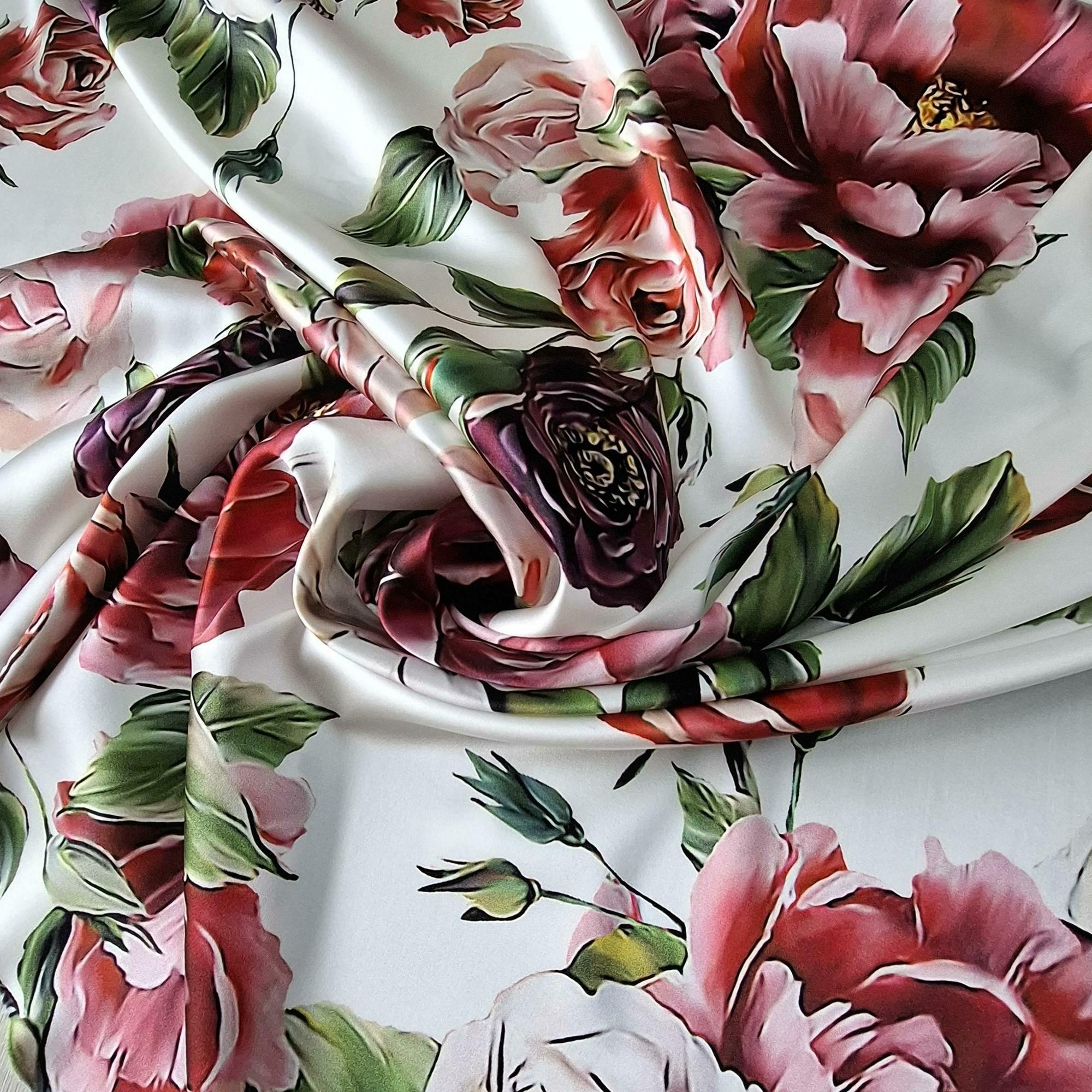 1,5m Шелк атласный с эластаном DG фон белый с принтом из роз