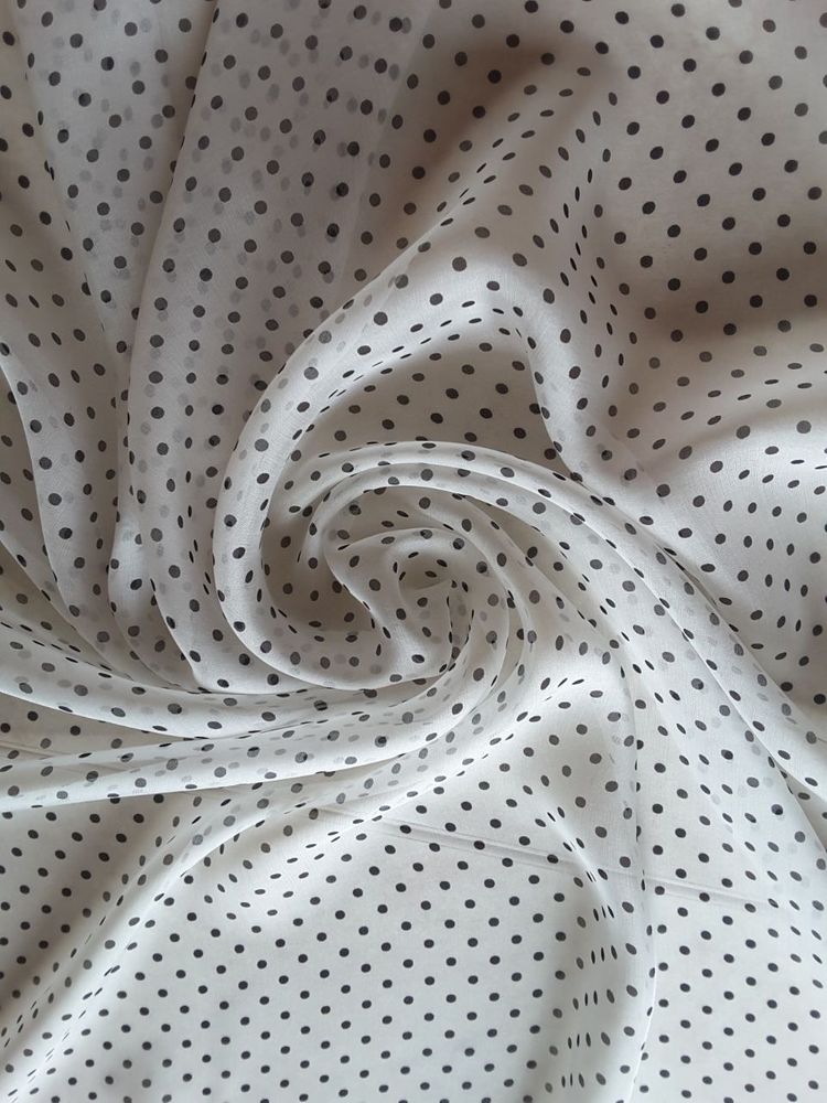 Шифон-жоржет шелковый фон белый в черный горох
