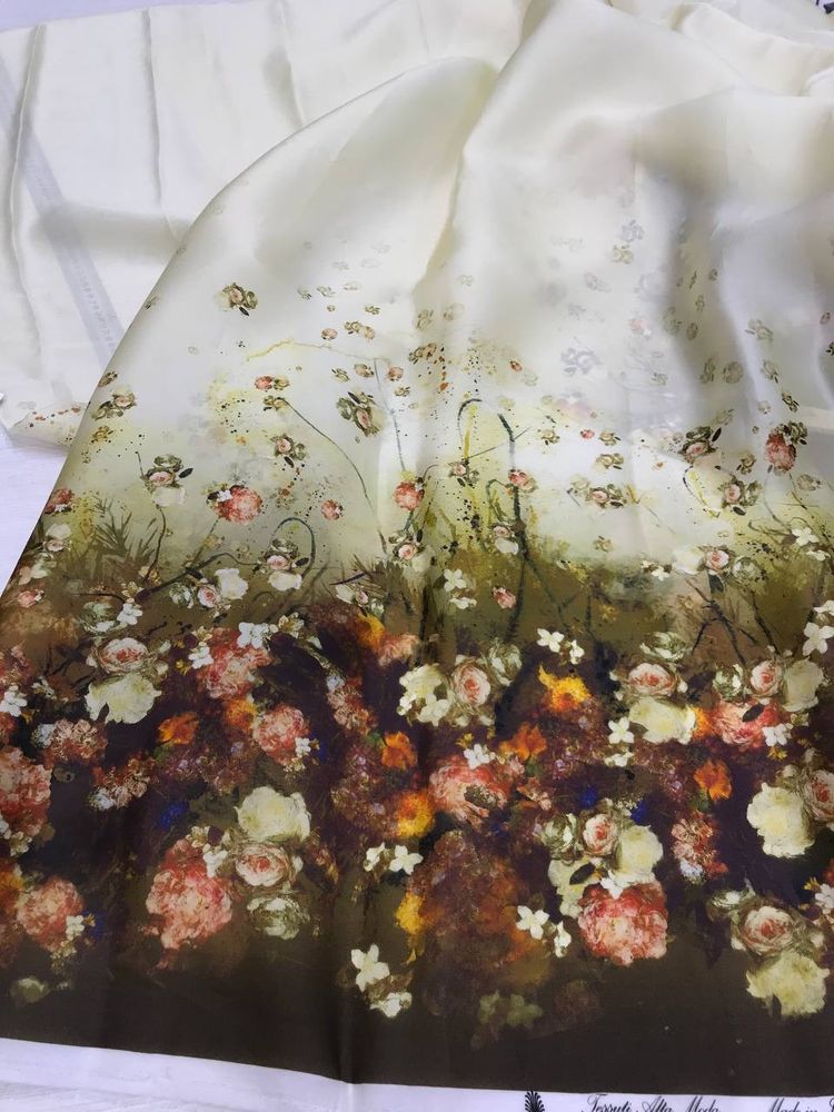 Двойная шелковая органза V@lentino фон слоновая кость, по низу принт в теплых коричневых оттенках