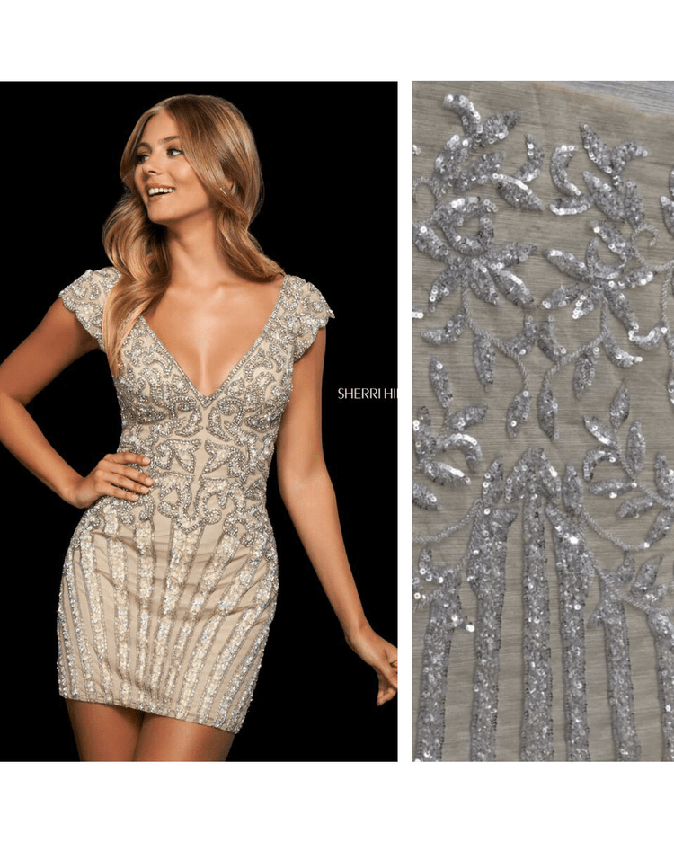 Вышивка ручной техники Haut Couture бело-серебристая пайетка с бисером на нюдовой сетке