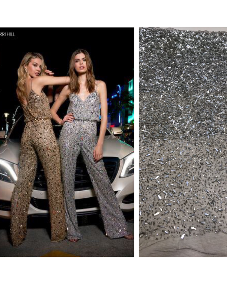 2,88м Вышивка ручной техники Haut Couture серебристая пайетка с бисером на серой сетке