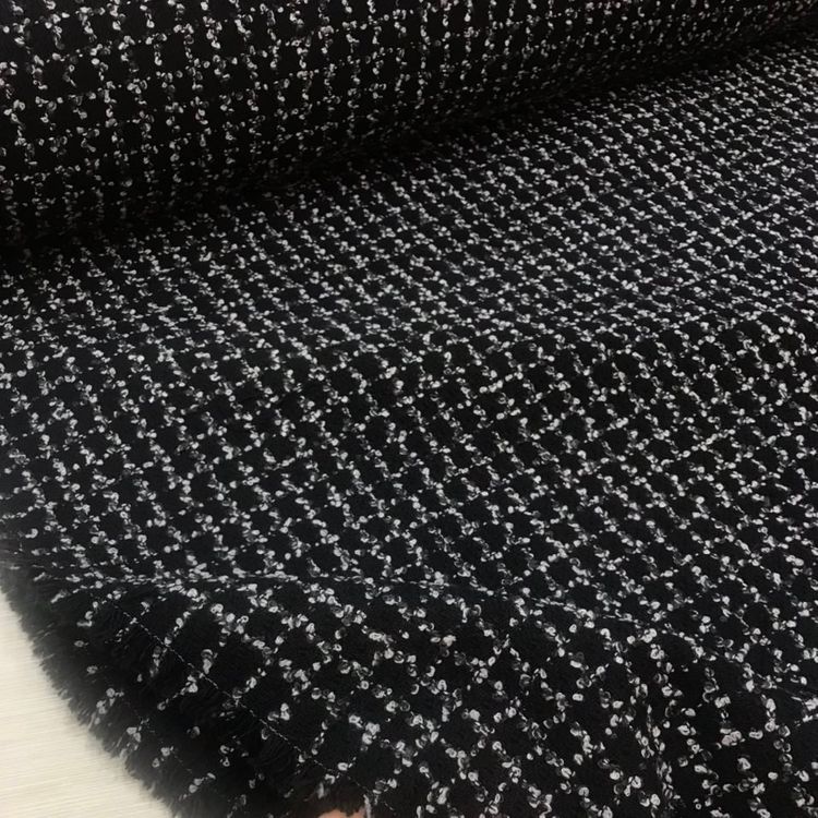 Твид шерстяной оригинал Ch@nel черный в мелкую серо-белую клетку