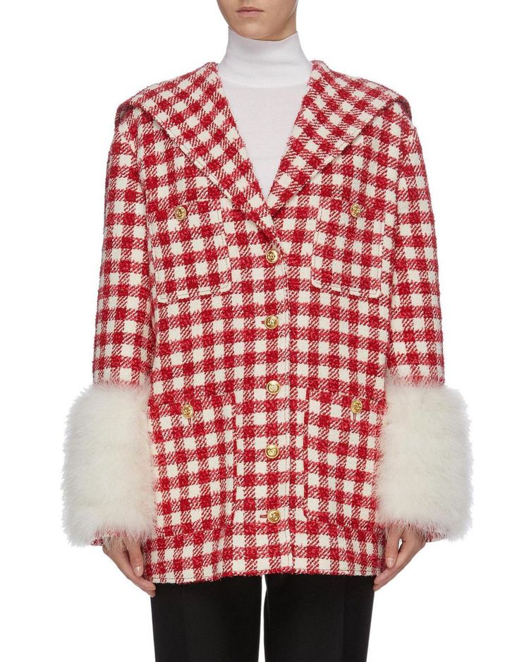 Шерстяное букле в клетку пудрово-красное G.ucci