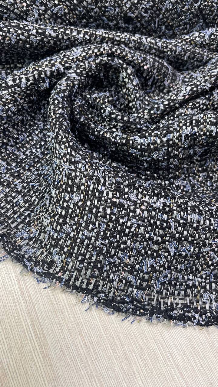 Твид хлопковый с добавлением рафии и вискозы черный-серый меланж с голубым