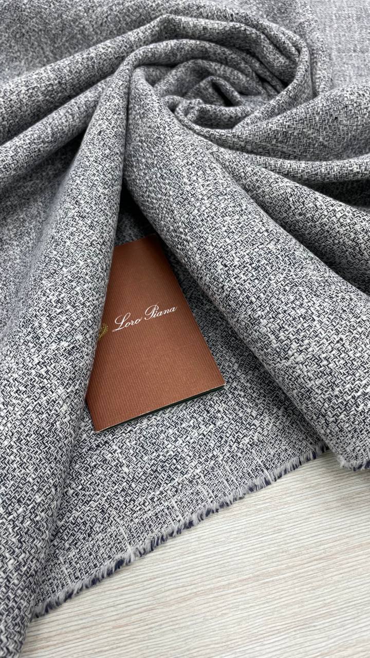 Костюмный лен с шелком и шерстью с твидовым плетением L0ro Pi@na черно-серый меланж