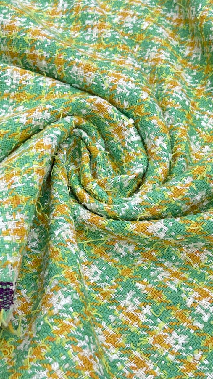 Твид хлопковый с вискозой в клетку Ch@nel мятный/охра/белый