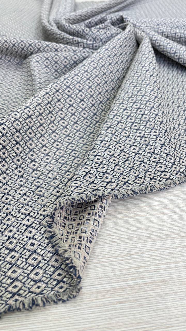 Хлопковый жаккард с добавлением вискозы и эластана бежево-синий восточный орнамент