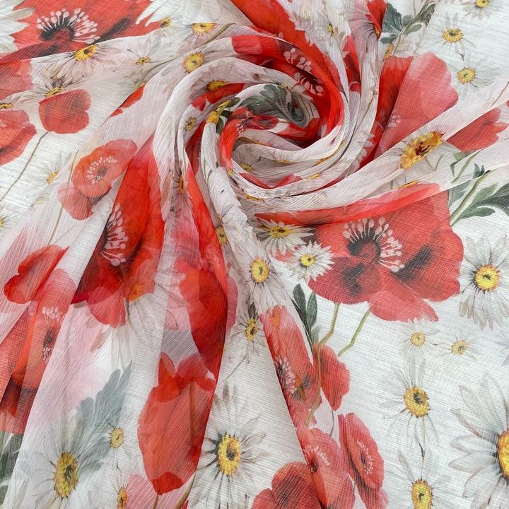 Крэш-шифон шелковый DG маки и ромашки на белом фоне
