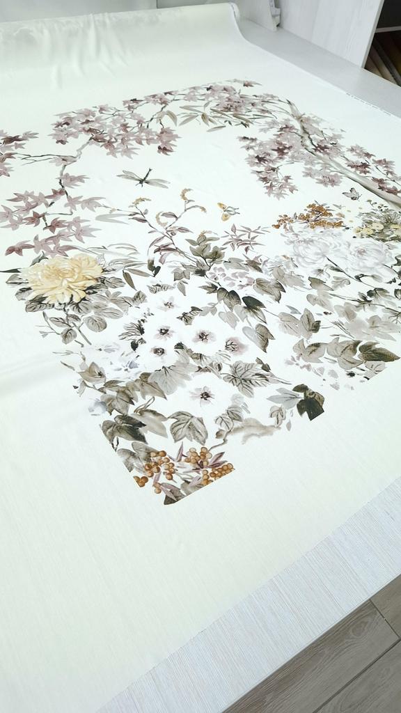 Шелк атласный с эластаном D.or  кремовый фон , принт акварельный пейзаж