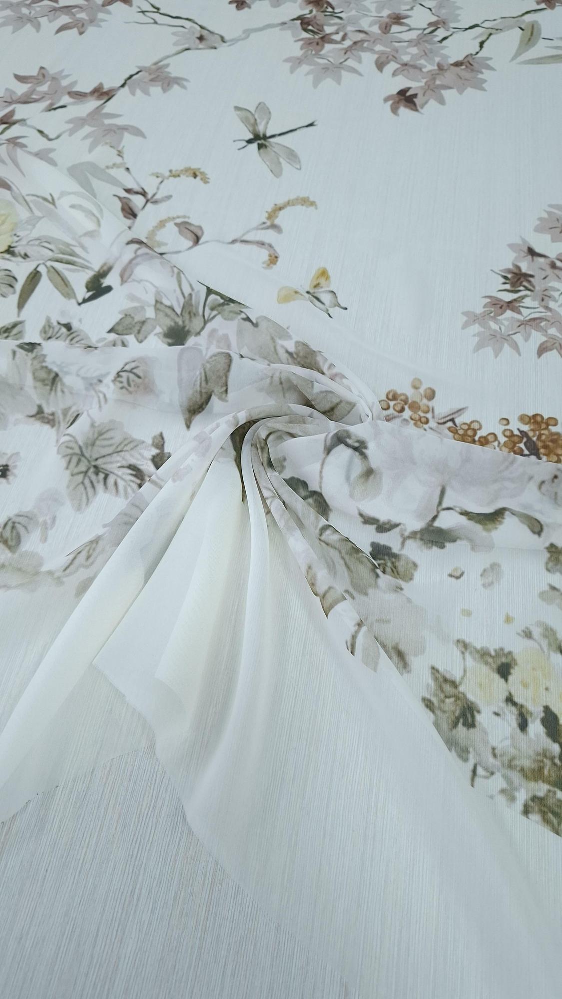 Шифон жоржет купон D.or кремовый фон, цветочный принт