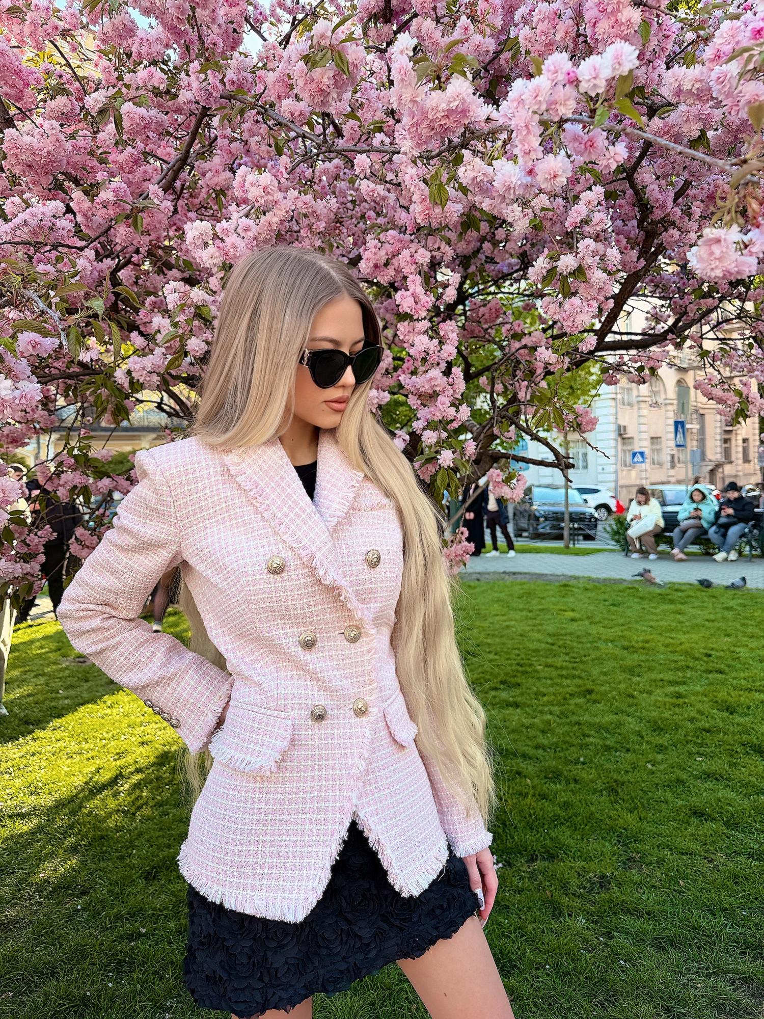 Pink Tweed Blazer with Subtle Check Pattern