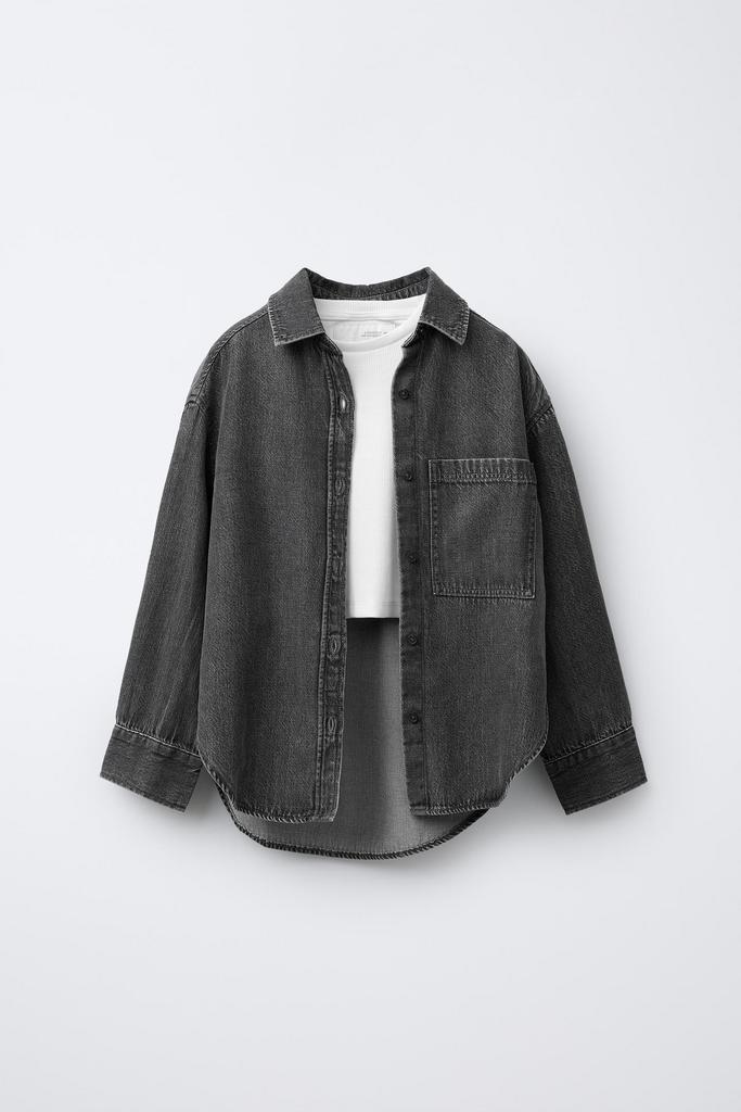 Комплект джинсова сорочка з топом у рубчик