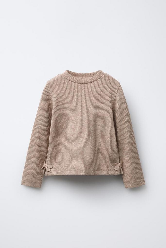 Лонгслів в рубчик із бантиками Бежевий