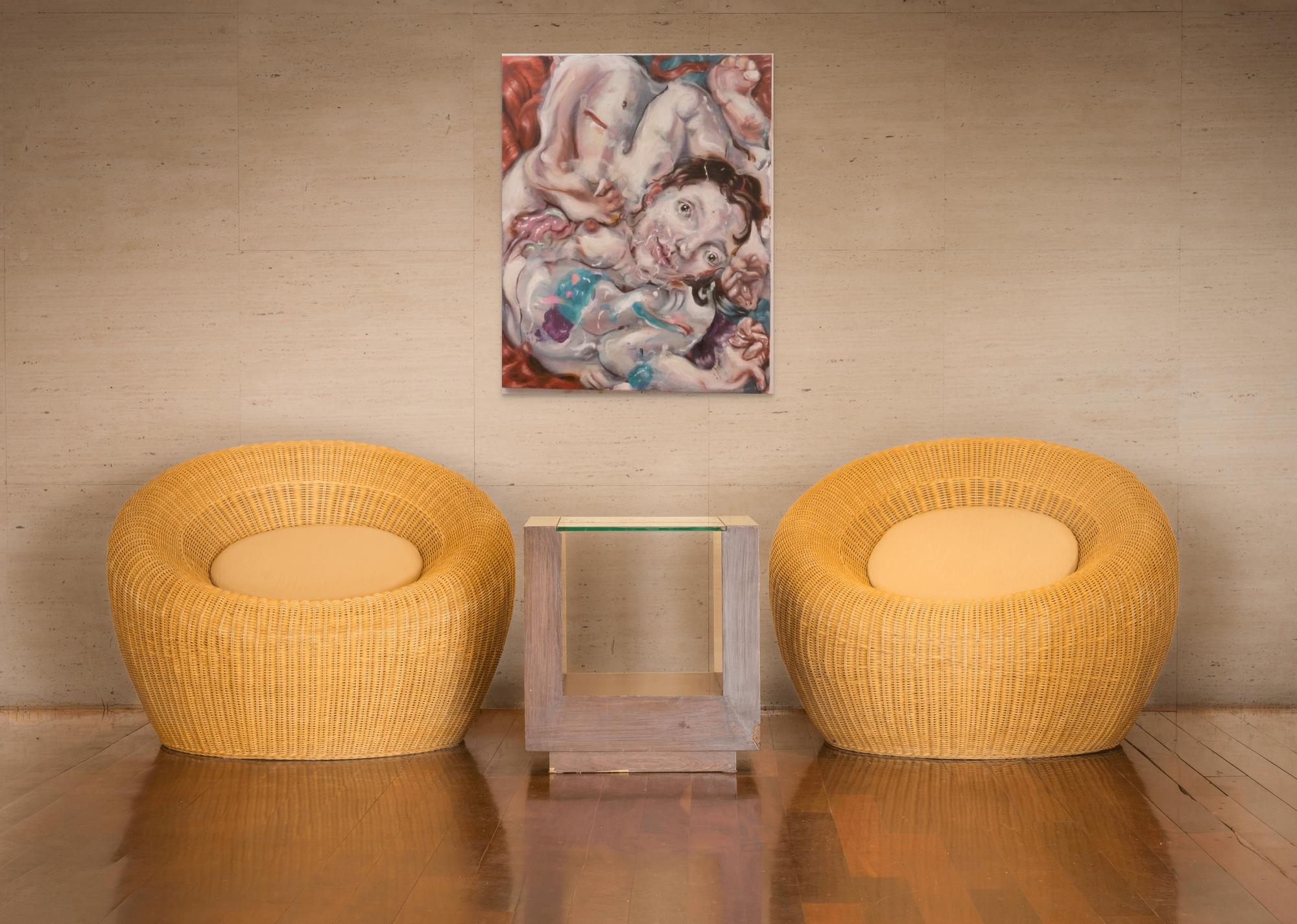 Woman with turquoise brushstroke.