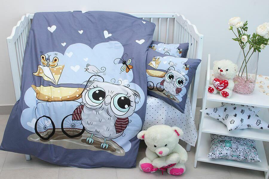 детское постельное белье в кроватку с мудрой совой и коляской фото 1