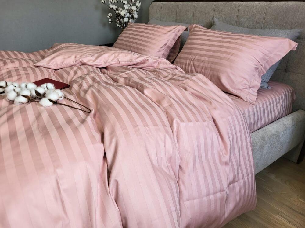 постельное белье страйп-сатин пудрового розового цвета широкая полоска 2*2 фото 1