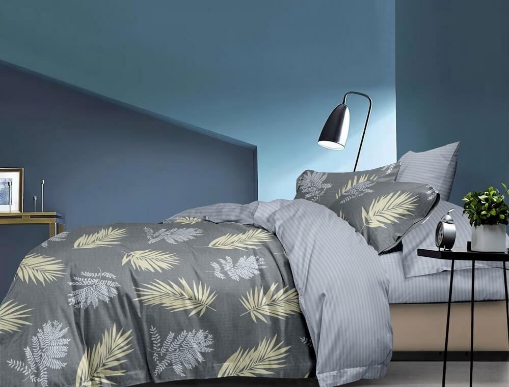 постельное белье сатин серого цвета с листьями папоротника и пальмы фото 1