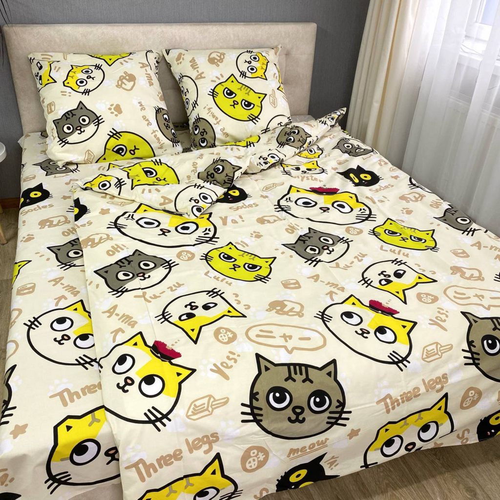постельное белье с мордочками котиков желтого цвета фото 1