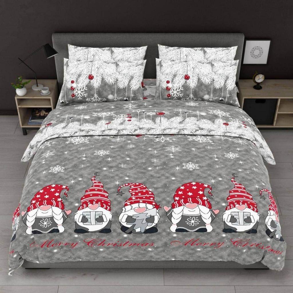 новогоднее постельное белье с гномами на сером фоне фото 1