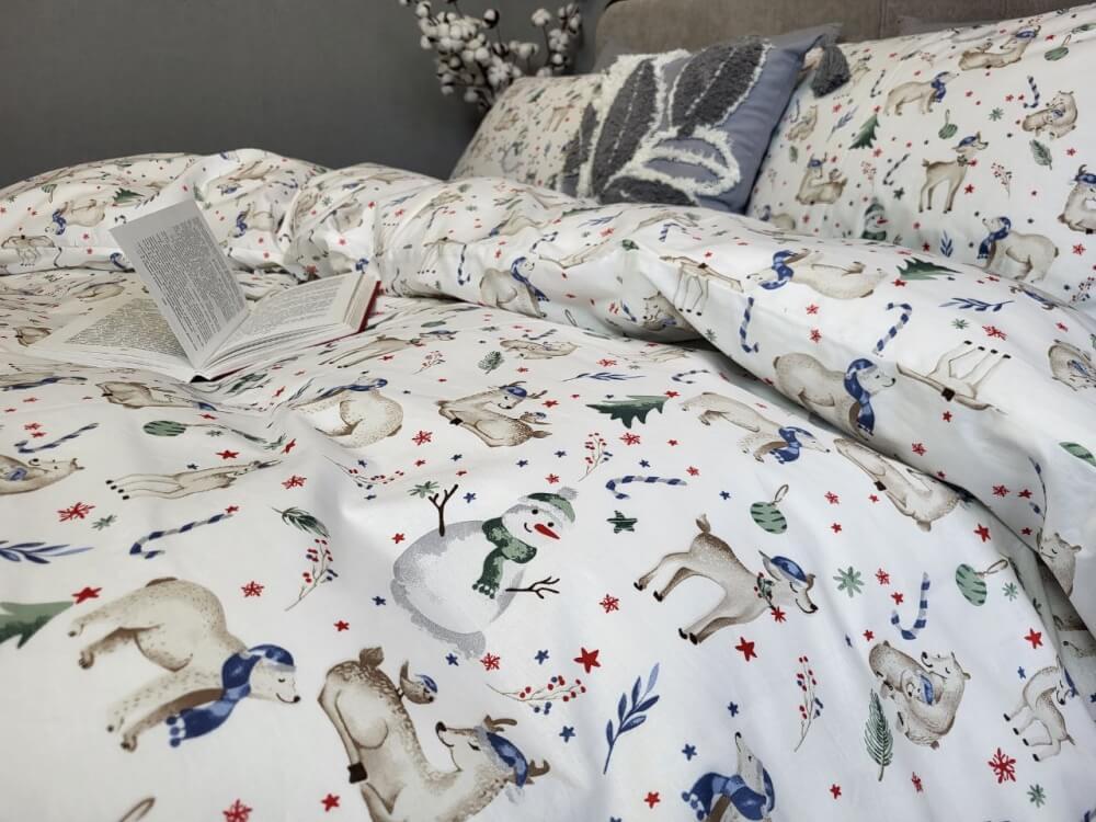 новогоднее постельное белье турецкий коттон с оленями, медведями и снеговиками фото 2