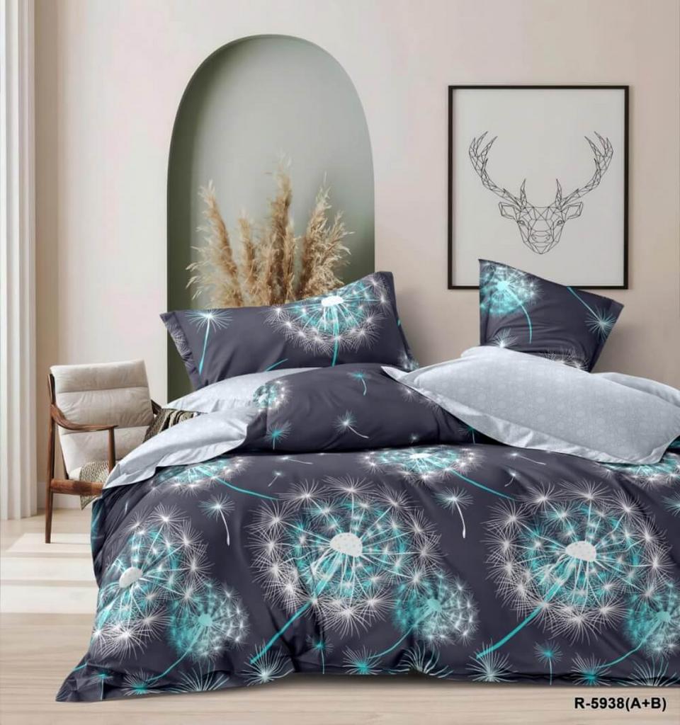 постельное белье ранфорс серого цвета с бирюзовыми одуванчиками фото 1