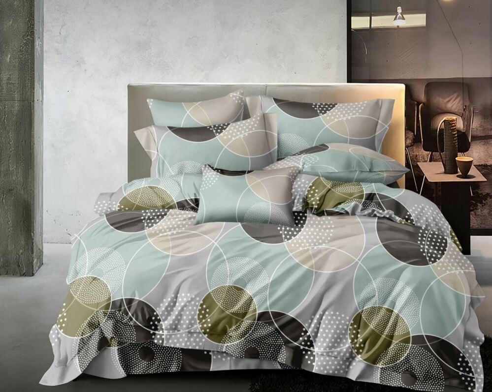 постельное белье сатин серо-бирюзовое с геометрическими кругами фото 1
