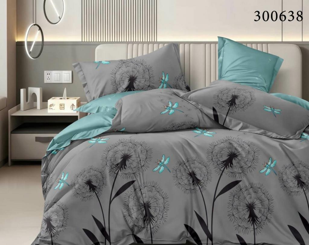 постельное белье сатин серого цвета с крупными одуванчиками