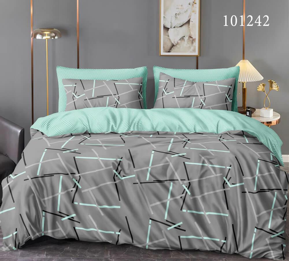 серое постельное белье с геометрическим рисунком в виде бирюзовых и графитовых полос